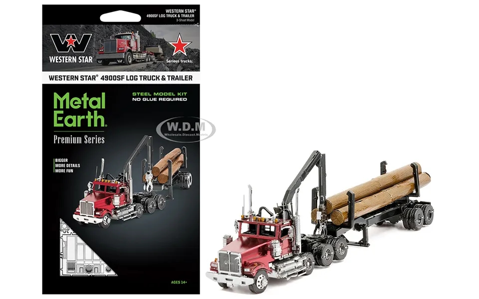 Model Kit Western Star 4900 Log Truck And Trailer Red Metallic Challenging Difficulty Steel Model By Metal Earth