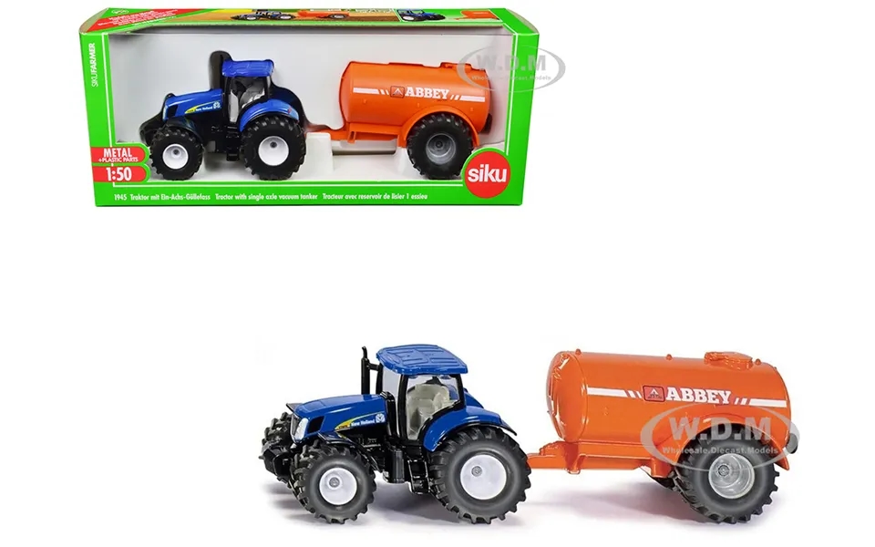 New Holland T7070 Tractor Blue With Abbey Single Axle Vacuum Tanker Orange 1 50 Diecast Model By Siku