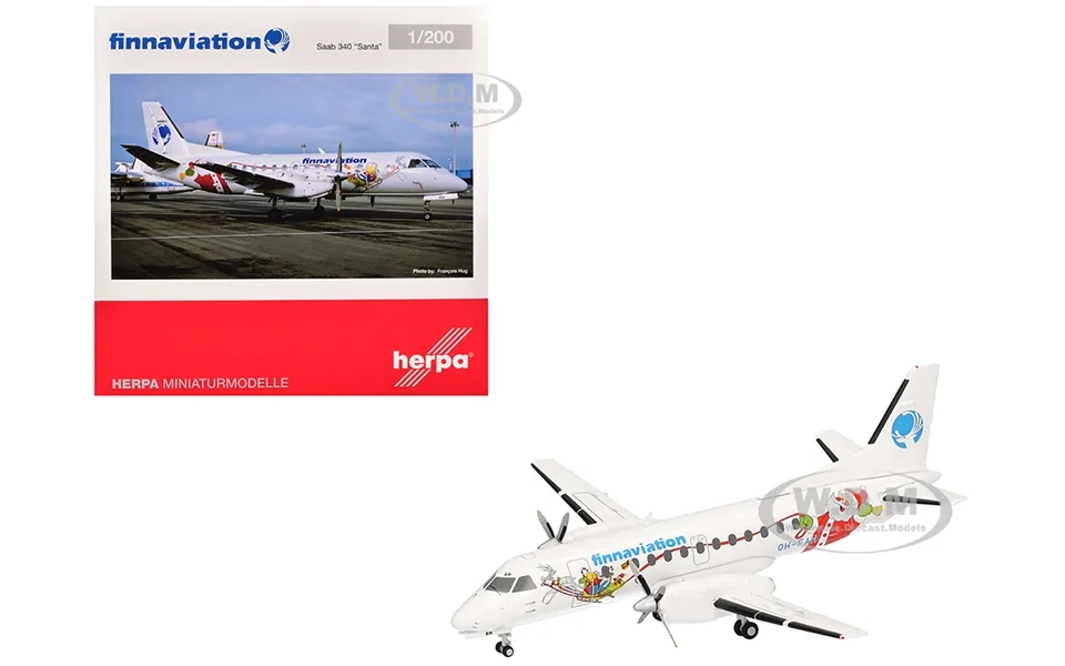 Saab 340 Commercial Aircraft Finnaviation - Santa Livery Oh-fah White With Graphics 1 200 Diecast Model Airplane By Herp