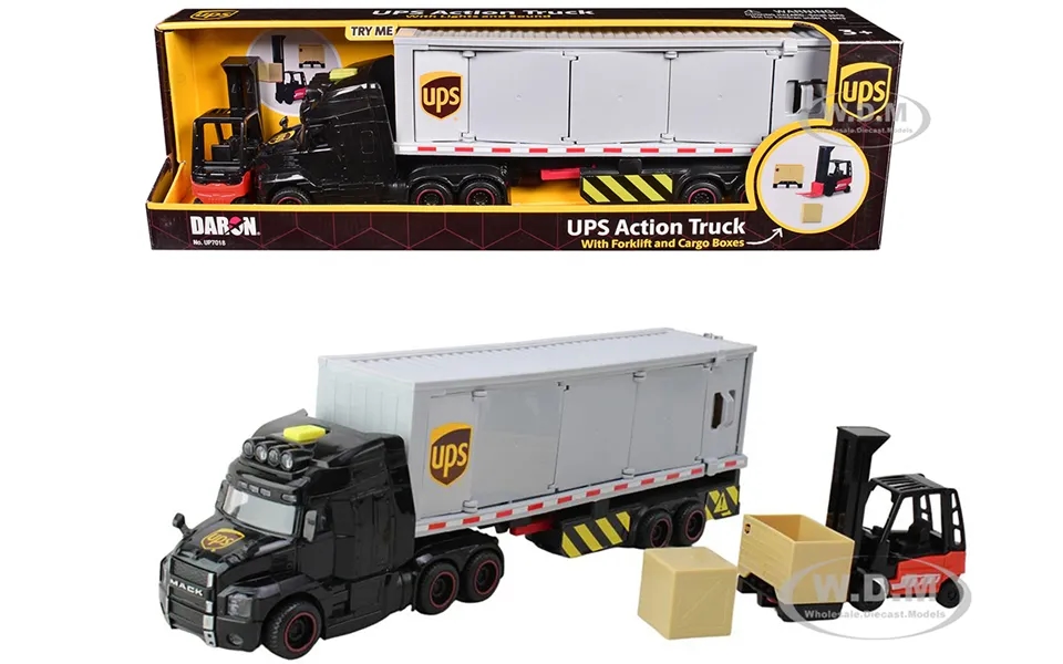 Ups Action Truck With Forklift And Cargo Boxes 4 Piece Set Diecast Model By Daron