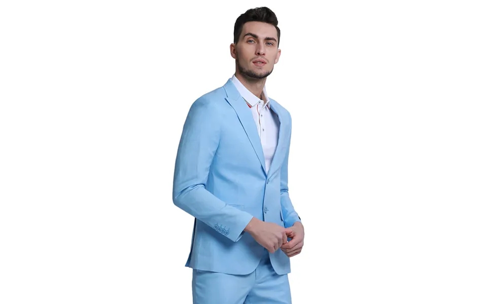 Baby Blue Linen Beach Wedding Suit For Men - Two Button Peak Lapel Style