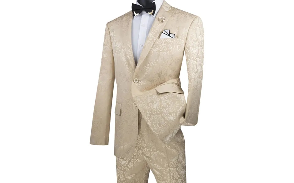 Beige Men's Slim Fit Paisley Wedding & Prom Suit - Shiny Finish
