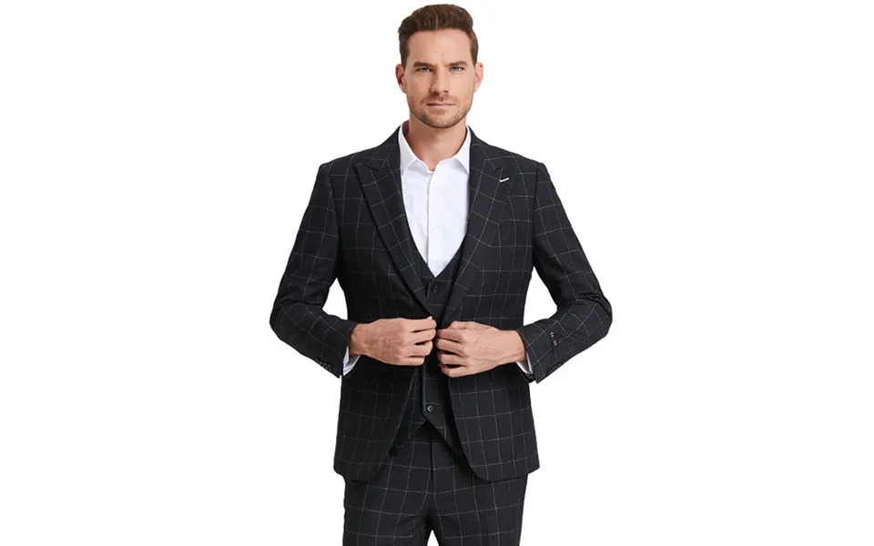 Black Men's Plaid Suit - One Button Peak Lapel Vested Bold Chalk Windowpane