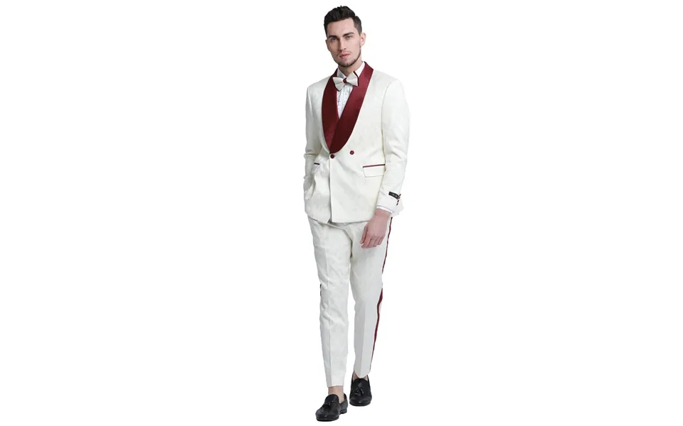 Burgundy & Ivory Men's Slim Fit Paisley Tuxedo - Double Breasted Smoking Jacket