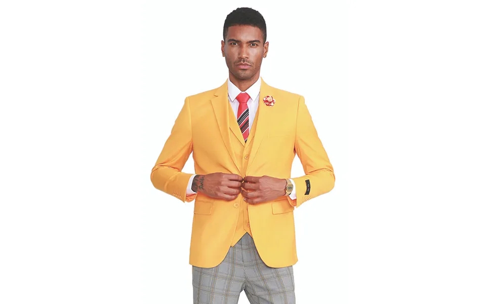 Canary Yellow Men's Summer Suit With Two Button Vest & Plaid Pants
