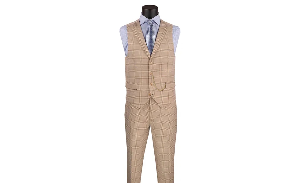 Glen Plaid Men's Slim Fit Vested Summer Business Suit - Beige