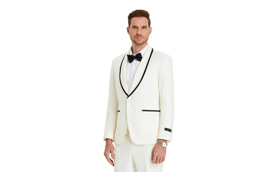 Mens Modern Fit Vested Shawl Tuxedo Suit In Ivory With Black Trim