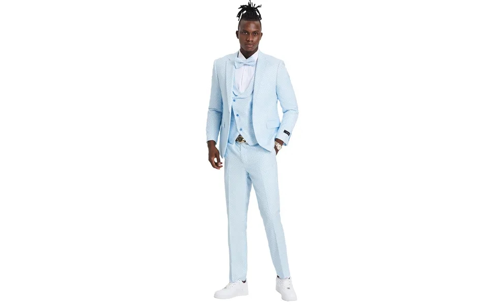 Men's Sky Blue Polka Dot Prom & Wedding Suit - One Button Double Breasted Vest