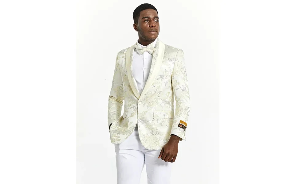 Mens Slim Fit Ivory & Gold Floral Prom Tuxedo Suit Dinner Jacket