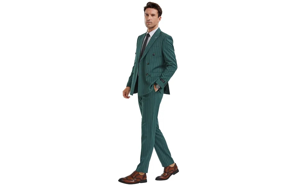 Men's Slim Fit Pinstripe Suit - Double Breasted Bold Gangster In Hunter Green