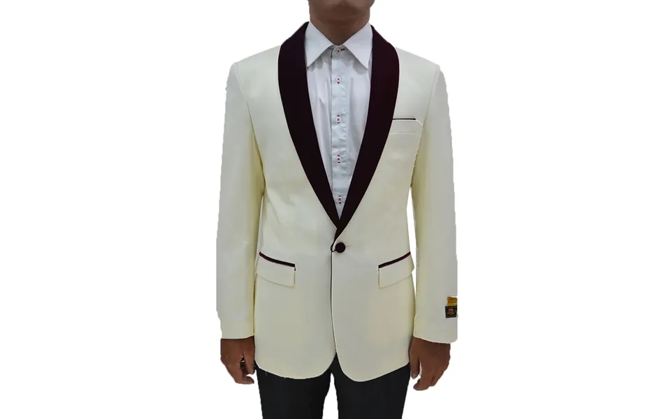 Mens Suit One Button Contrast Shawl Collar Dinner Jacket Ivory & Burgundy