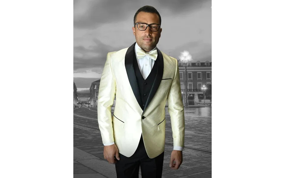 Mens Vested One Button Shawl Tuxedo Suit In Geometric Chain Print In Ivory