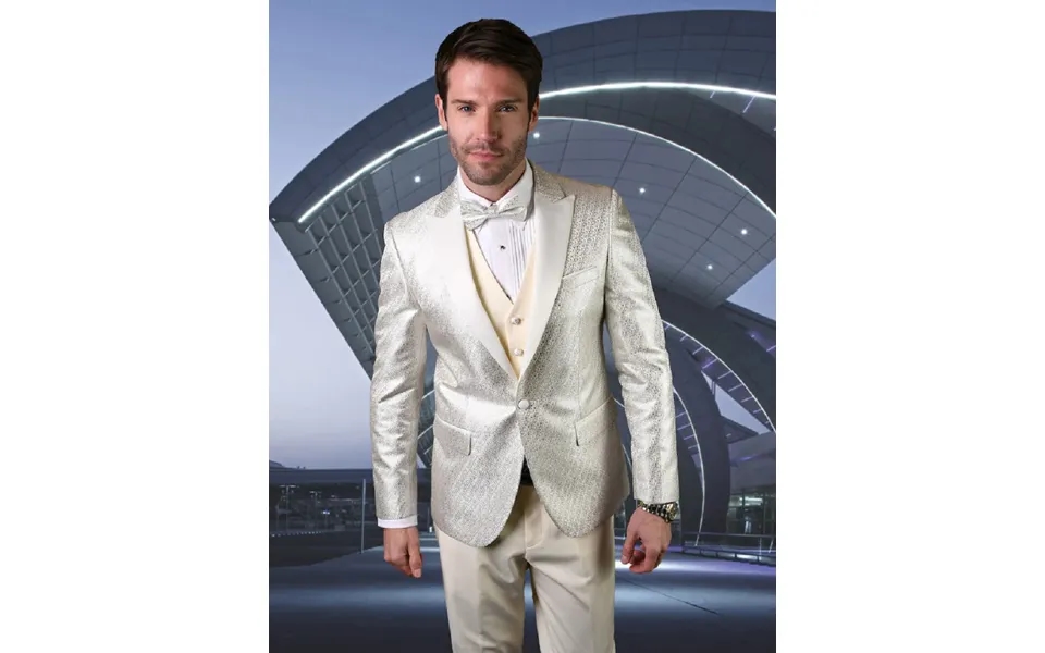 Mens Vested Peak Lapel Shiny Pattern Tuxedo Suit In Ivory