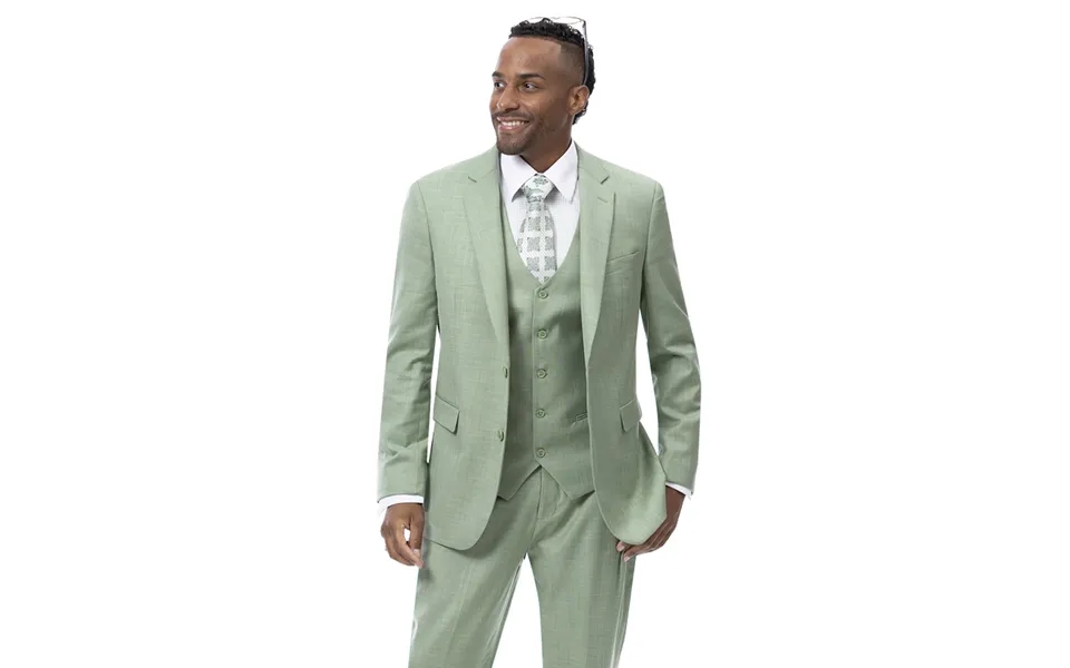 Sharkskin Business Suit - Mens Modern Fit Two Button Vested In Moss Green