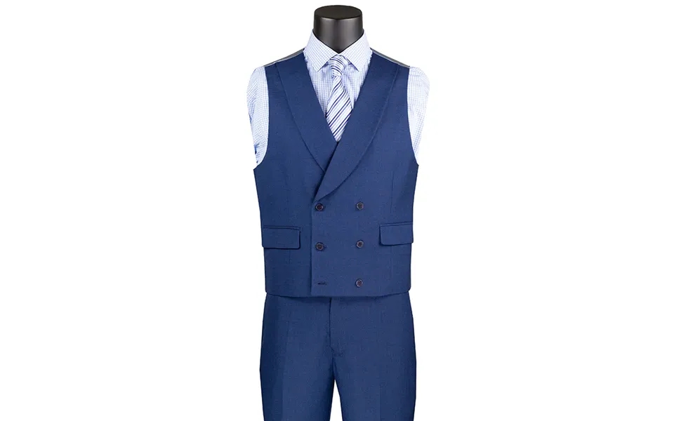 Sharkskin Men's Suit With Double Breasted Vest - Summer Navy Blue