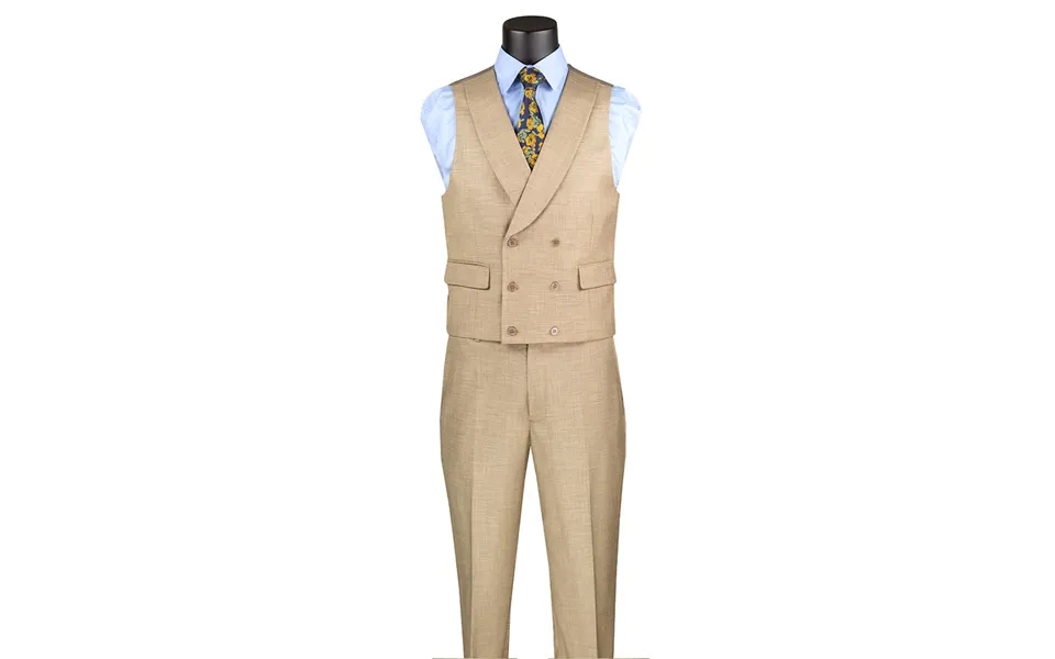 Sharkskin Men's Suit With Double Breasted Vest - Summer Tan