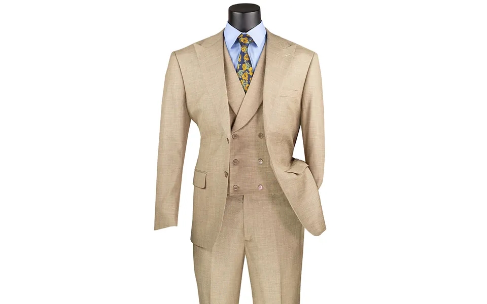Sharkskin Men's Suit With Double Breasted Vest - Summer Tan