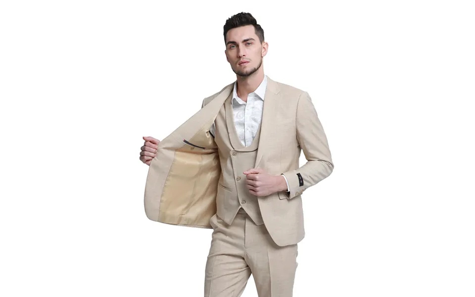 Sharkskin Wedding Suit Men's Slim Fit Double Breasted Vest In Khaki