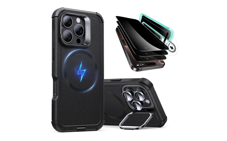 Iphone 16 Pro Cyber Tough Case With Stash Stand Privacy Protection Bundle Black