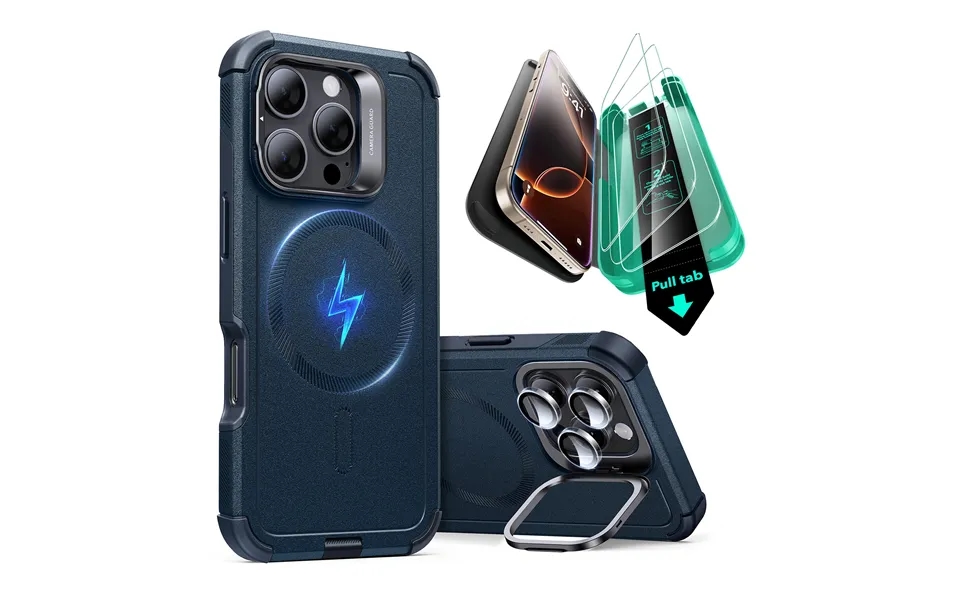 Iphone 16 Pro Cyber Tough Case With Stash Stand Protection Bundle Dark Blue