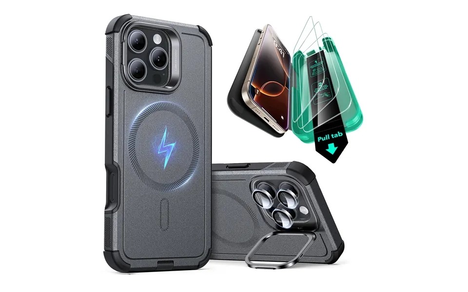 Iphone 16 Pro Max Cyber Tough Case With Stash Stand Protection Bundle Gray