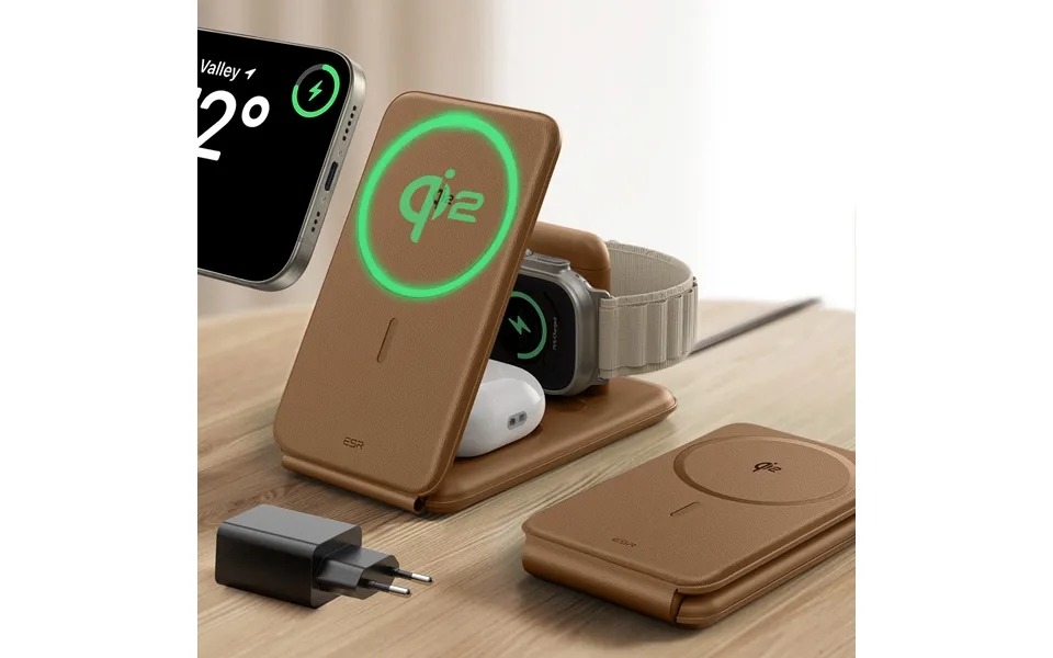 Qi2 3-in-1 Travel Wireless Charging Set Brown