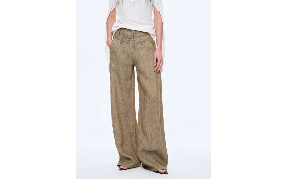 Berlin Street Old Money Style Linen Material Stand-up Silhouette Double Waist Scimitar Casual Trousers Spring - M Khaki