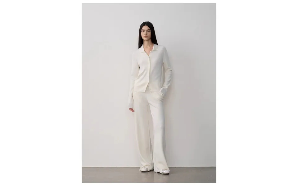 Lazy Urban Yangtze Merino Wool Polo-neck Cardigan Straight-leg Knitted Pants Suit - M Off White Top Pant