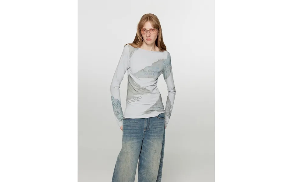 Letter From Morning And Evening Silk Cotton Blended Original Printed One-line Collar Long Sleeve T-shirt Women's Fitted