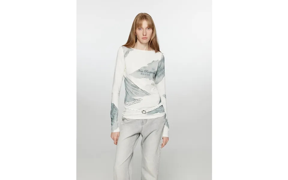 Letter From Morning And Evening Silk Cotton Blended Original Printed One-line Collar Long Sleeve T-shirt Women's Fitted