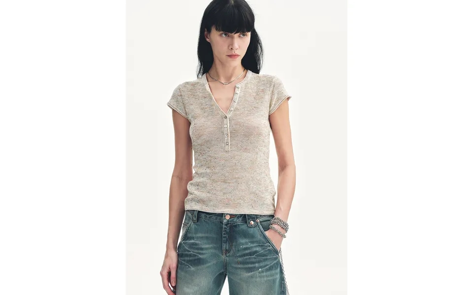 Minimalist Light Gap Cotton And Linen Blend Sequined Henley Neck Short Sleeve T-shirt - S Flower Orange