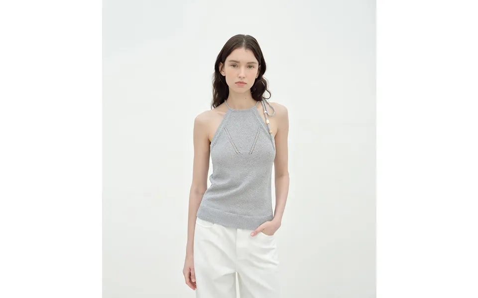 Moussaka Wooden Beaded Lace-up Halterneck Knitted Vest - M Gray Blue