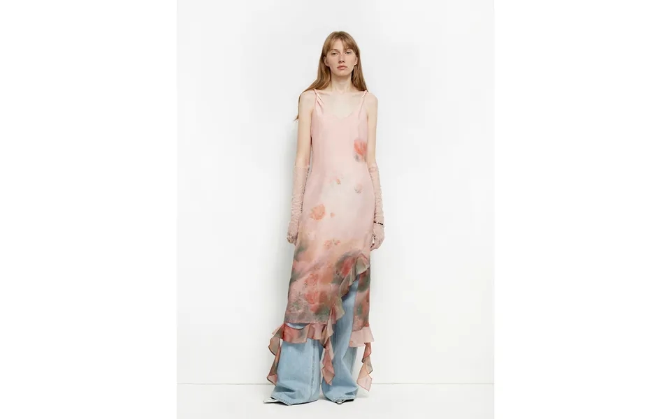 Rosy Ombre Acetate Mulberry Silk V-neck Ruffled Draped Twist Strap Summer Dress - L Fog Pink