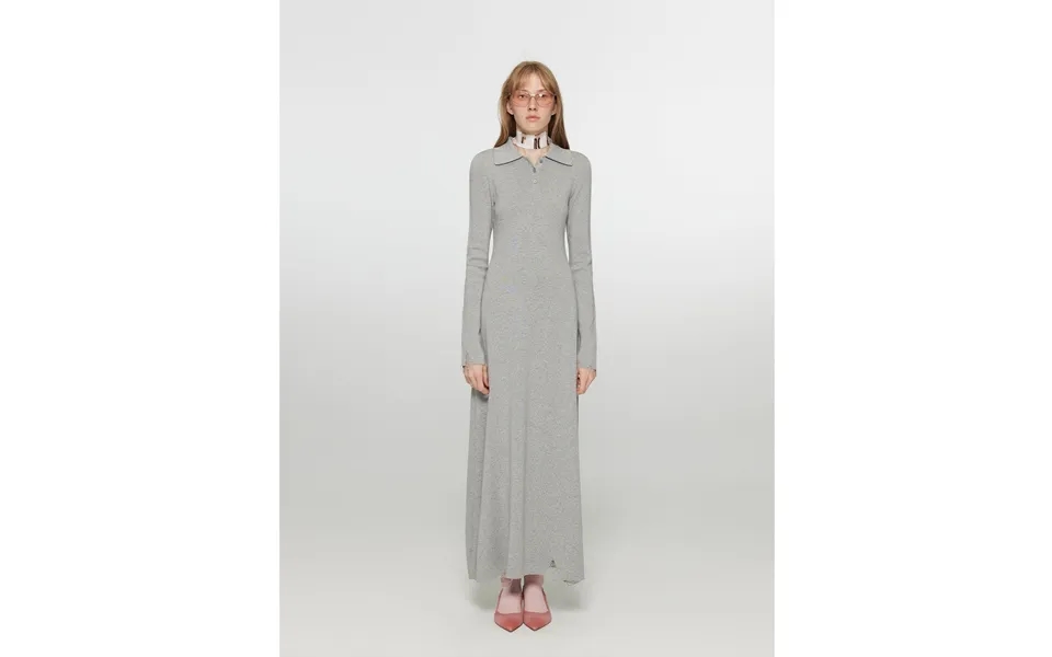 Spring Muse Merino Wool Exquisite Polo Collar Waist-cinching Knit A-line Dress For Women - M Flower Gray-top