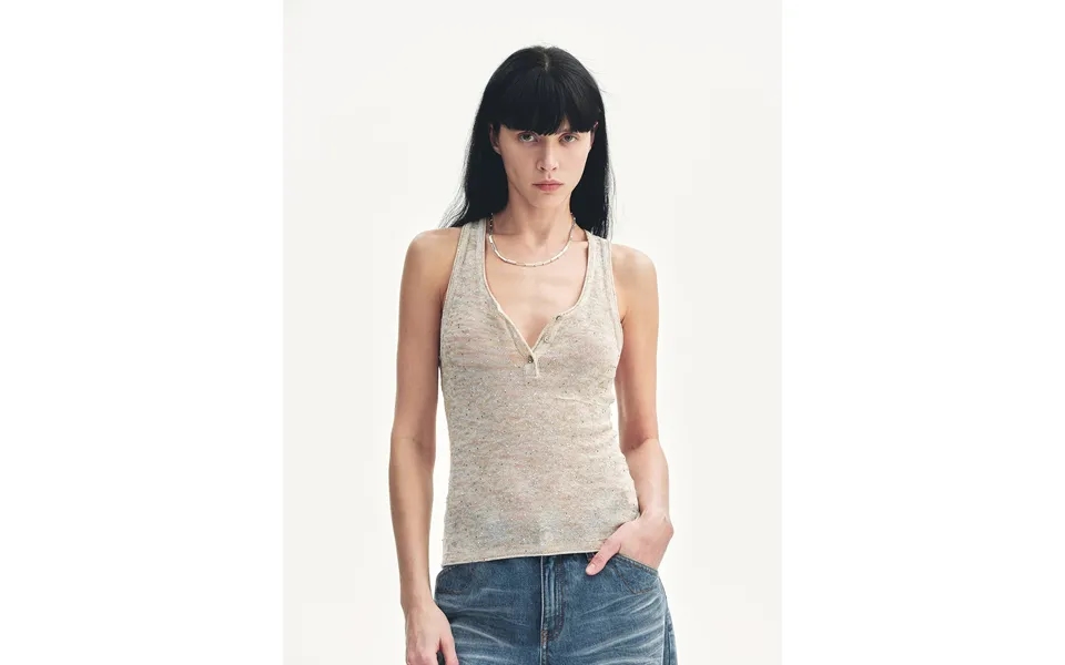 Summer Night Starry Sky Cotton And Linen Blended Henley Collar Beaded Vest Summer - M Apricot
