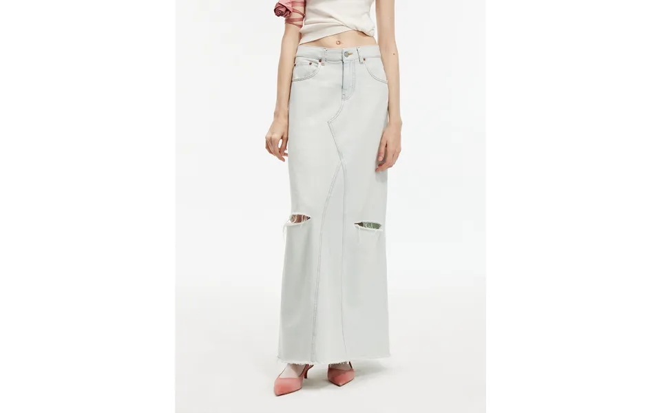 Walden Pond Turkish Imported Wash-faded Distressed Hole Denim A-line Skirt - L Light Blue