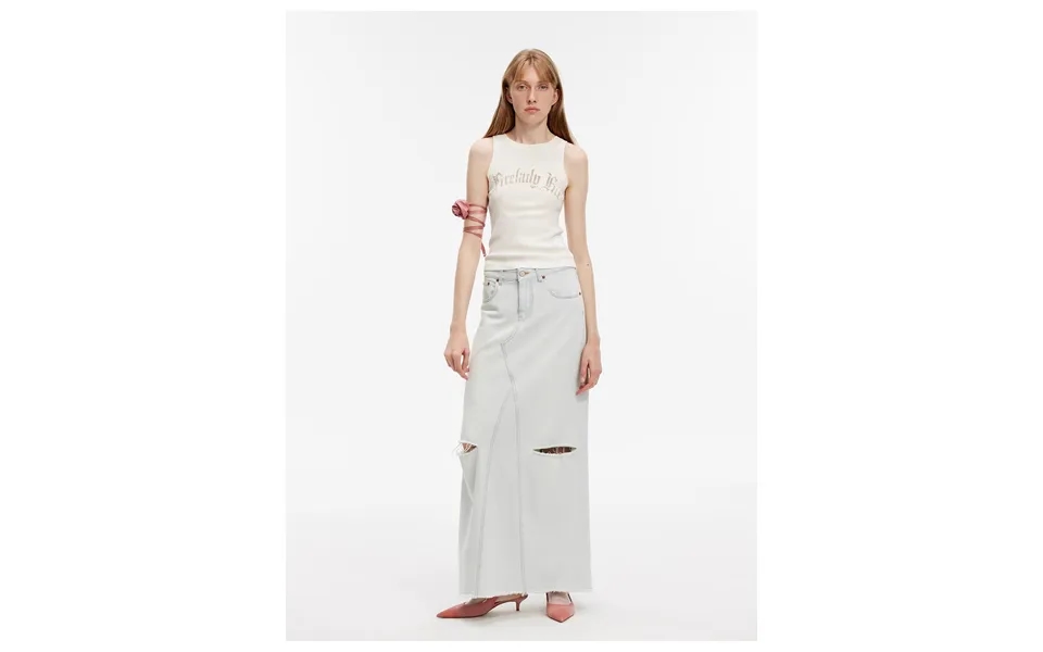 Walden Pond Turkish Imported Wash-faded Distressed Hole Denim A-line Skirt