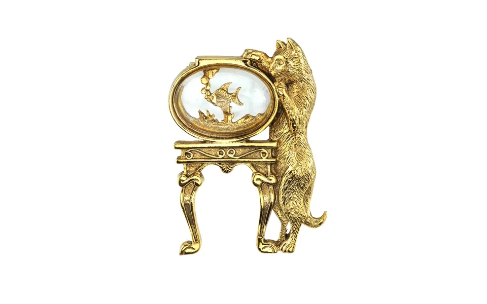14k Gold-dipped Crystal Cat And Fish Bowl Pin