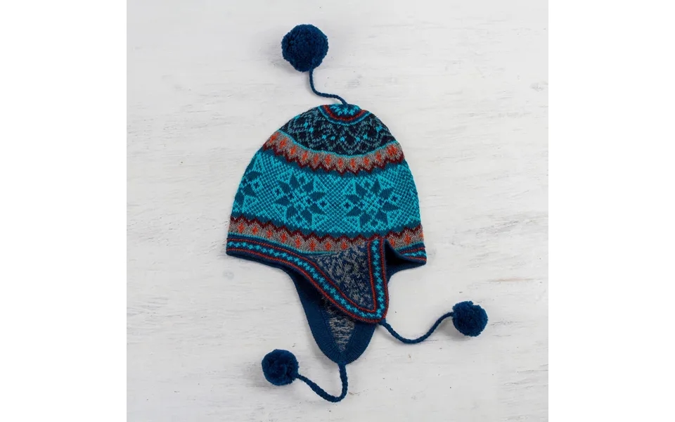Andean Snowfall Alpaca Chullo Hat In Azure And Smoke From Peru