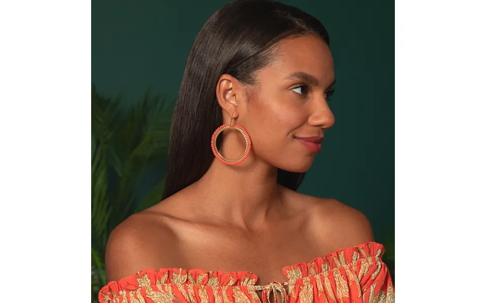 Beaded Gold-plated Circle Earrings - Coral