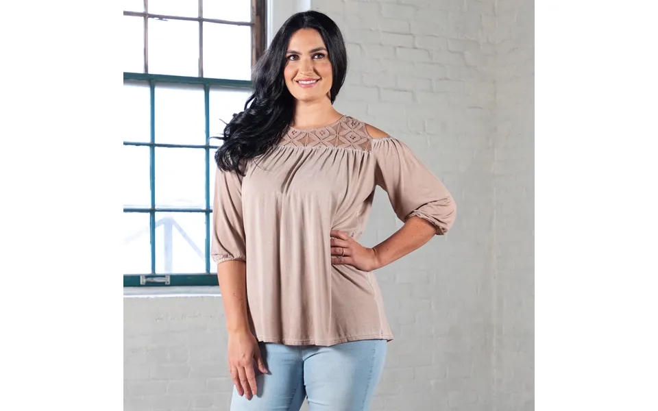 Cold Shoulder Juliet Sleeve Top - Beige