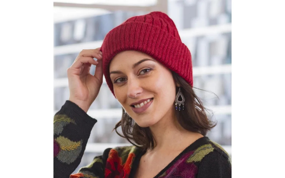Comfy In Red Crimson Red 100% Alpaca Soft Cable Knit Hat From Peru