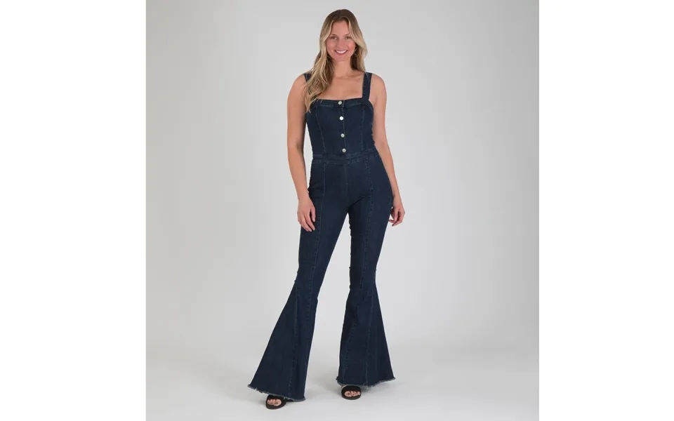 Denim Flare Leg Button Up Jumpsuit - L
