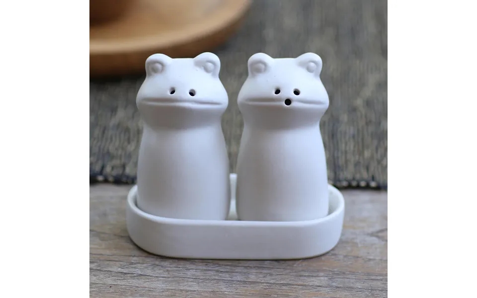 Fanciful Frogs In White Matte White Ceramic Frog Salt And Pepper Shakers With Tray