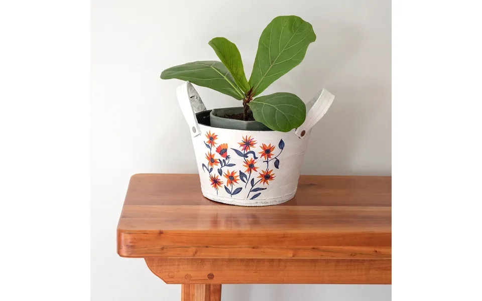 Hand Painted Folklore Recycled Rubber Planter - Orange Sunflowers