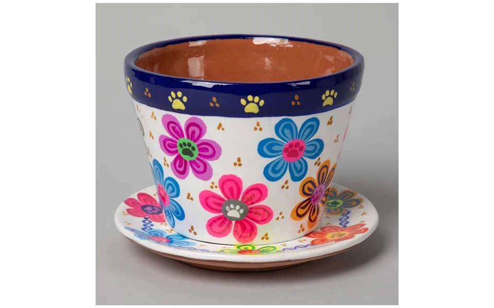 Hand Painted Paws & Flowers Ceramic Small Planter - White