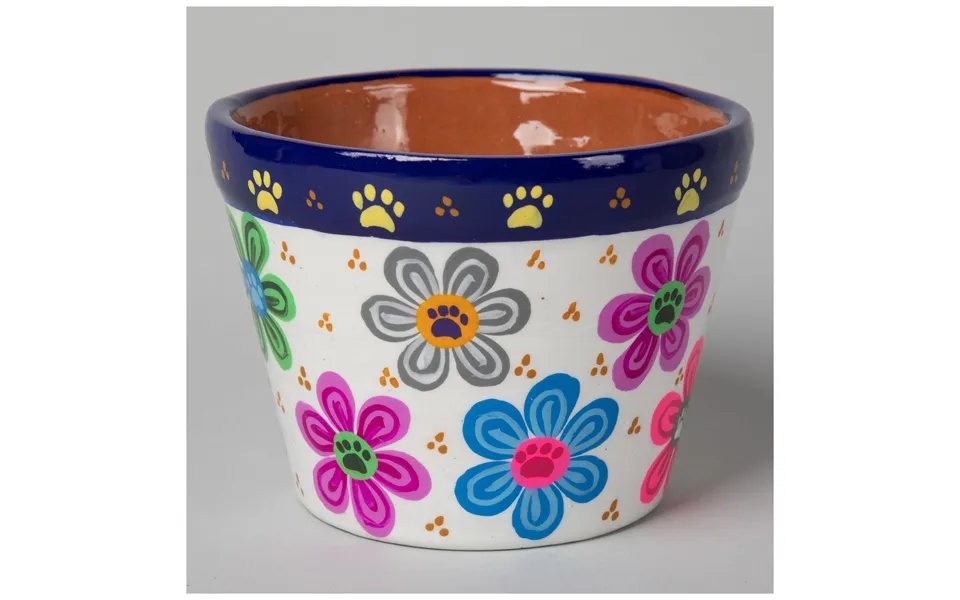 Hand Painted Paws & Flowers Ceramic Small Planter - White