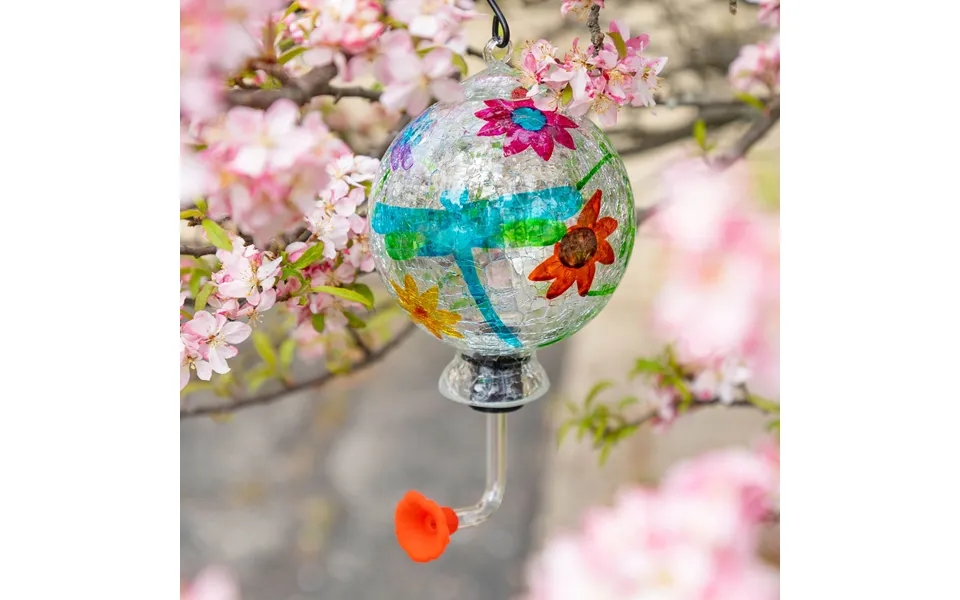 Hand-painted Glass Hummingbird Feeder - Dragonfly Vines