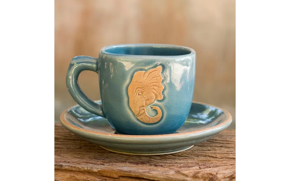 Novica Blue Thai Elephant Thai Blue Celadon Elephant Cup And Saucer Set