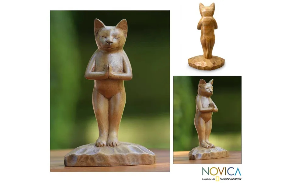 Novica Cat Gives Thanks Suar Wood Sculpture